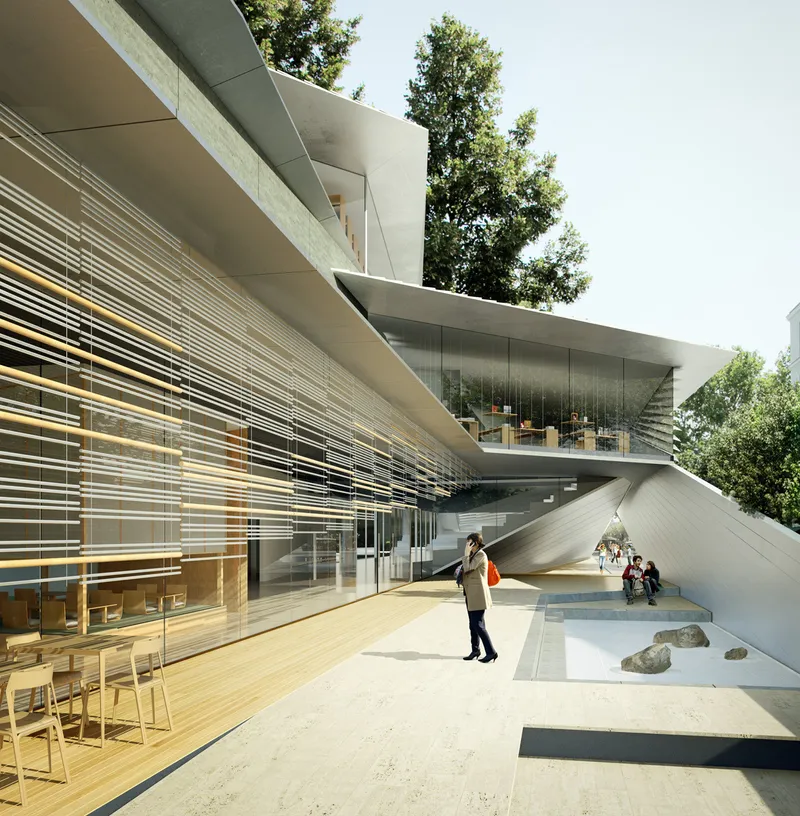Covered entrance terrace with visitors standing beneath the cantilevered concrete soffits and horizontal louvers