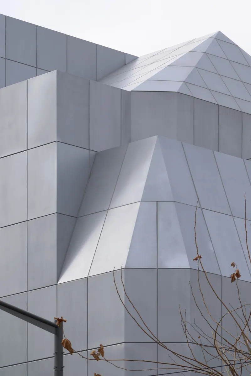 Close-up of the folded white panel facade with bare winter branches in the foreground