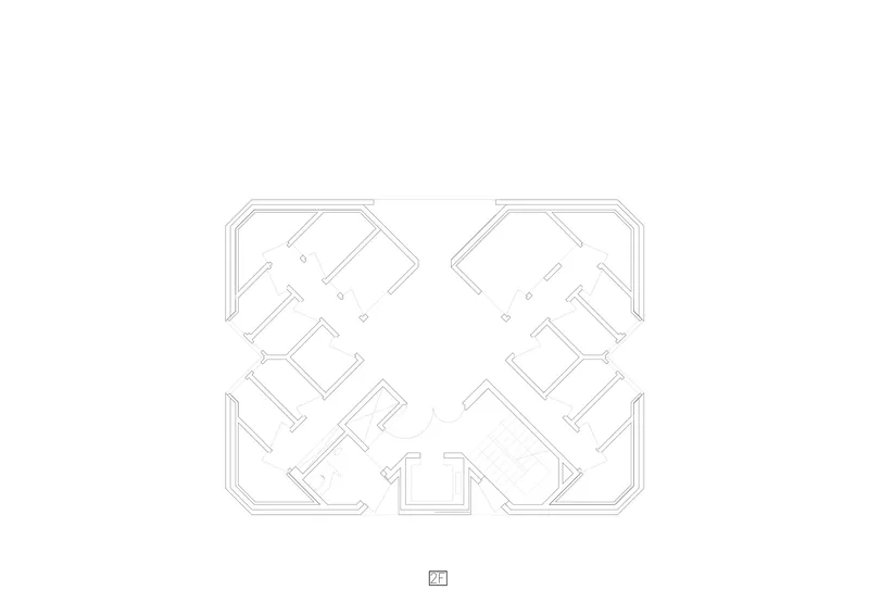 Floor plan drawing showing symmetrical arrangement of angled rooms around a central open space with chamfered corners