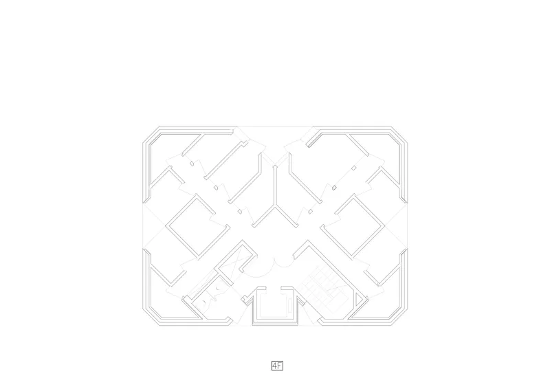 Floor plan drawing illustrating diagonal partitions organizing interior spaces within a rounded rectangular perimeter
