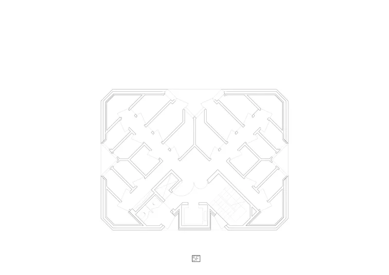 Floor plan drawing showing angled interior walls creating offset chambers around a central circulation axis