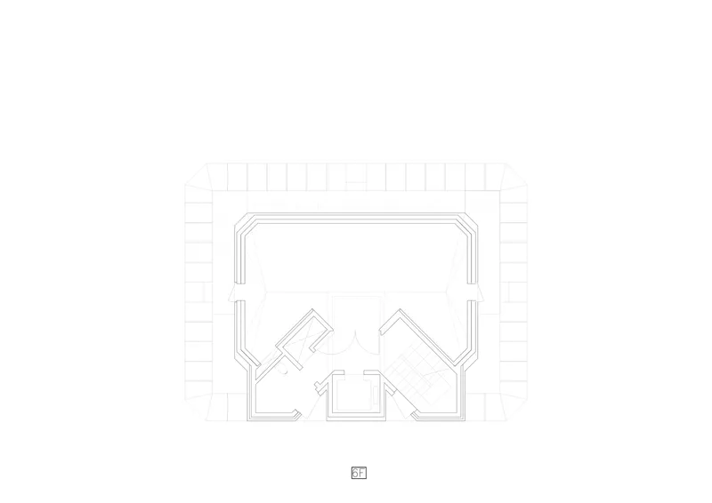 Floor plan drawing with a colonnade or arcade surrounding a smaller interior footprint with angular room divisions