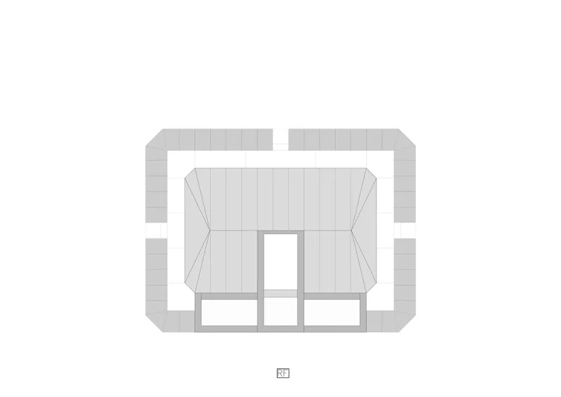 Roof plan drawing depicting angled roof surfaces framing a central skylight opening