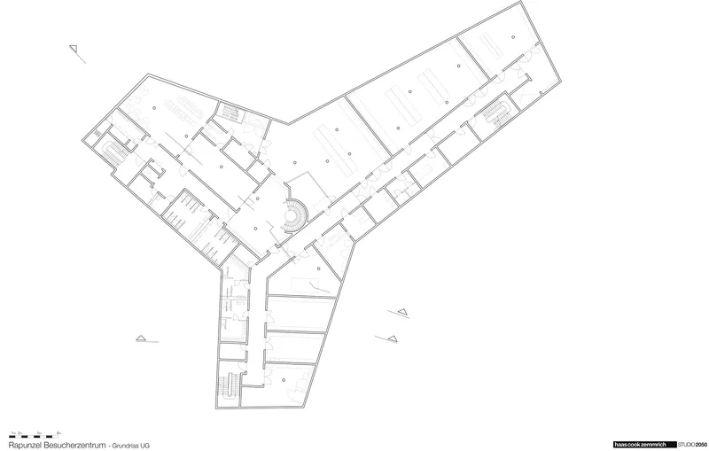 Floor plan drawing showing a Y-shaped building with three wings radiating from a central core