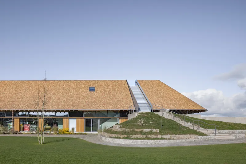 Planted green roof with metal stairway connecting the two volumes under cloudy skies