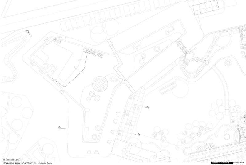Site plan drawing showing the Y-shaped building within its surrounding context and street network