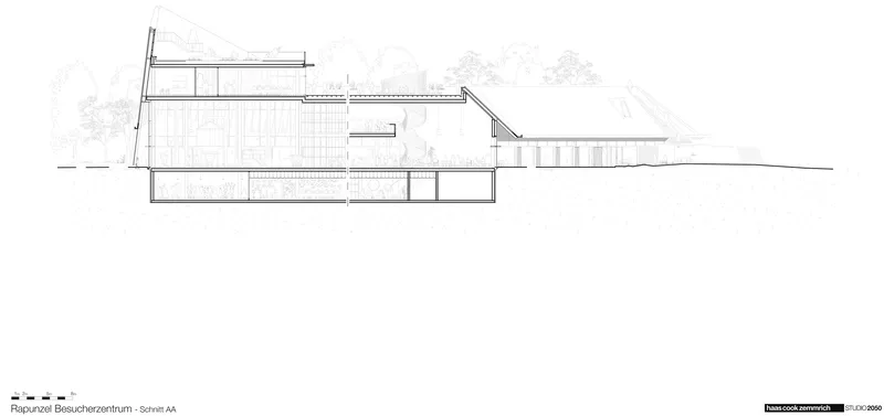 Section drawing showing the building profile with trees on the left and sloped roof on the right