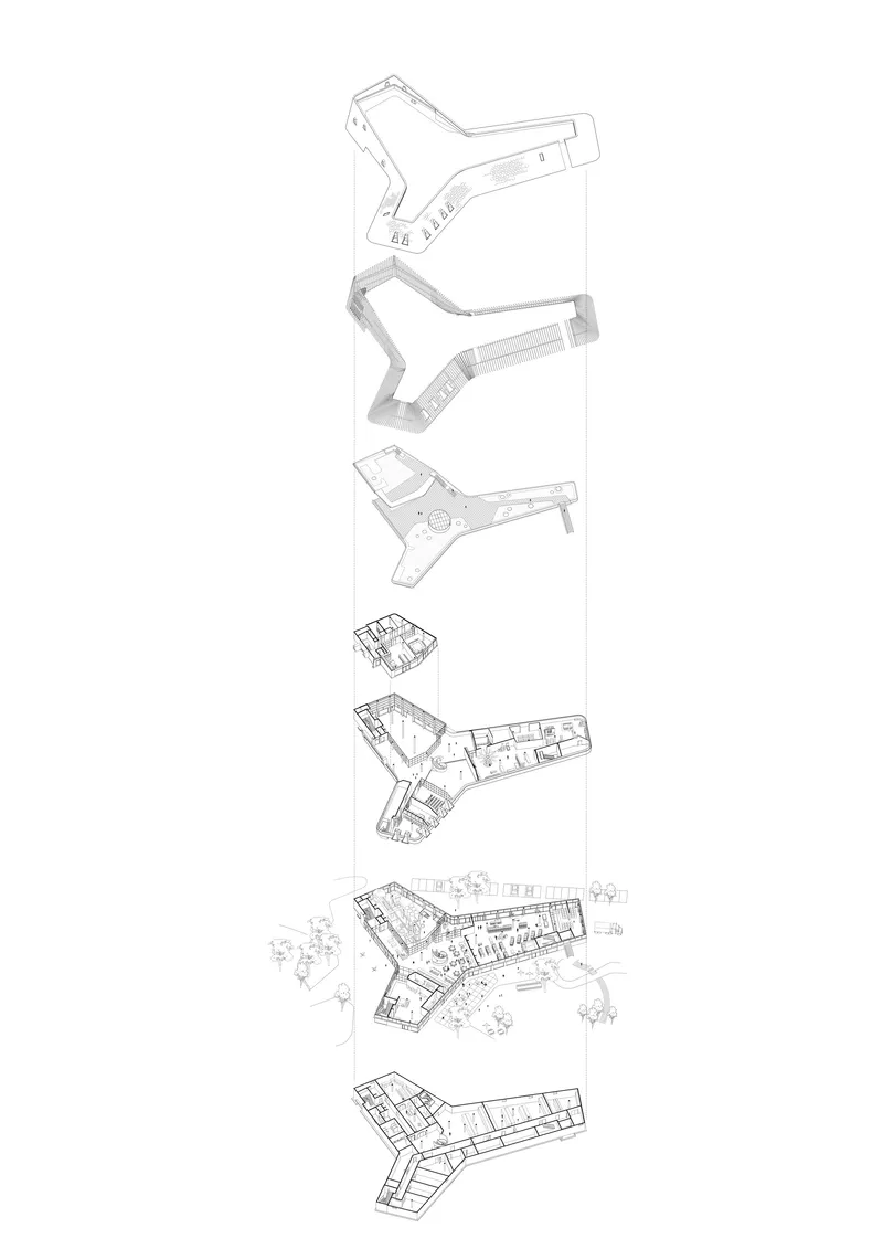 Exploded axonometric drawing showing seven stacked floor plates of the Y-shaped building with surrounding trees