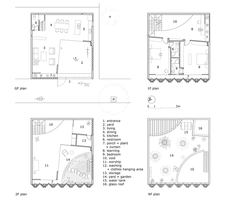 Floor plan drawings showing ground floor through roof with labeled rooms and interior courtyards