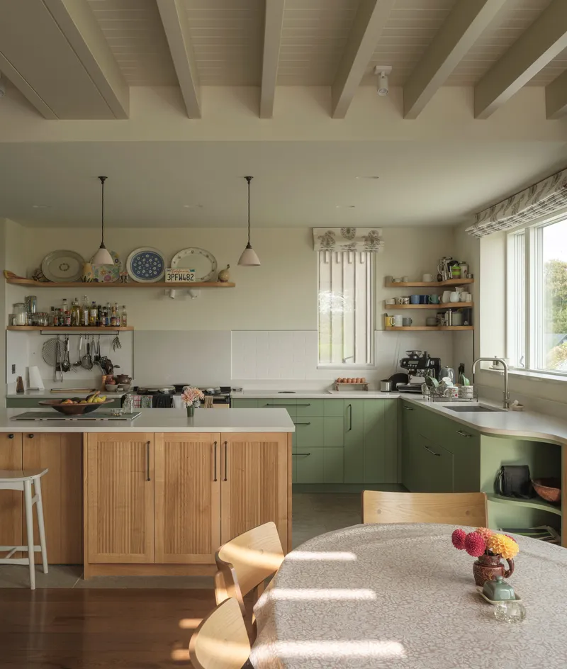 Kitchen with green cabinetry, timber island and exposed ceiling beams in afternoon light