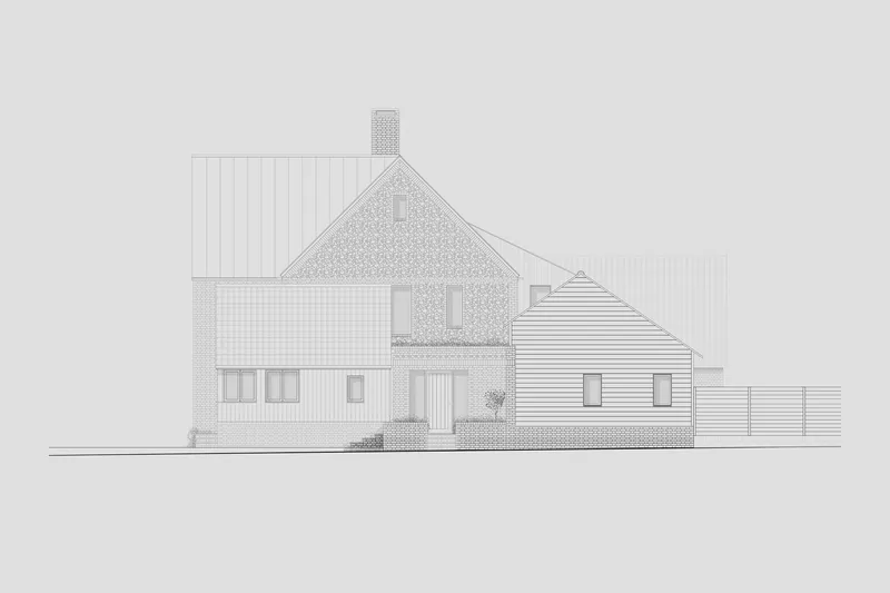 Elevation drawing of clustered gabled volumes clad in brick and horizontal siding with planted beds