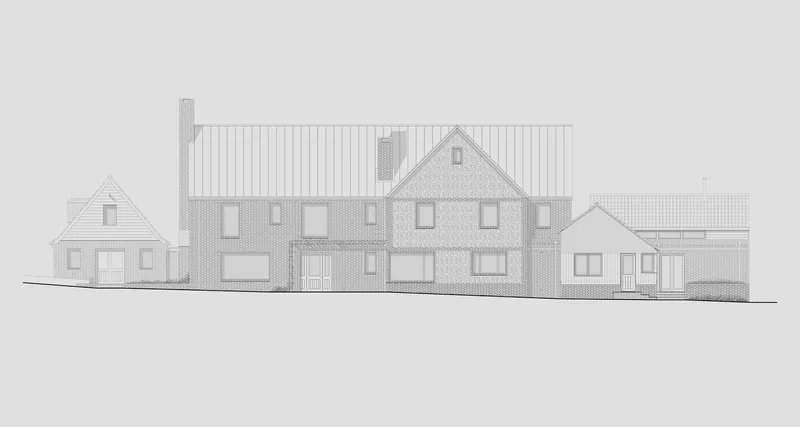 Elevation drawing showing a composition of gabled and flat-roofed volumes with varied wall cladding