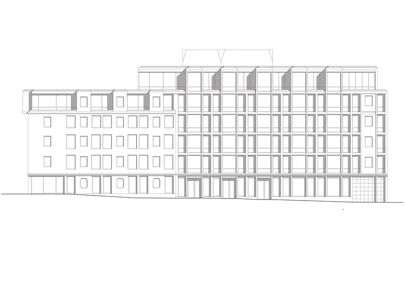 Elevation drawing showing a multi-story building with a grid facade and a lower masonry wing