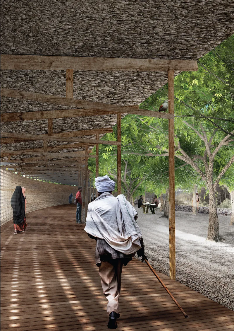 Shaded community promenade integrates sustainable architecture, local materials, and public gathering spaces within the forest loop.