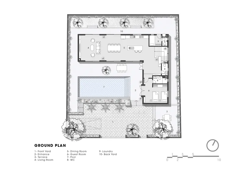 Ground floor plan drawing showing living spaces arranged around a central pool and courtyard