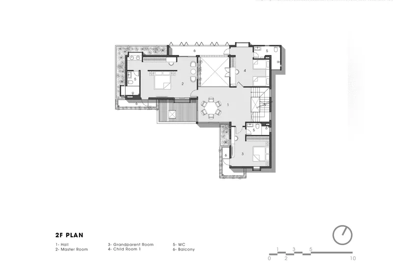 Second floor plan drawing showing bedroom wings and terrace spaces in an L-shaped configuration