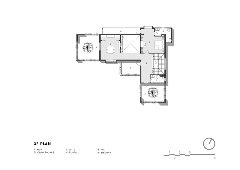 Third floor plan drawing showing upper level rooms and rooftop terrace areas