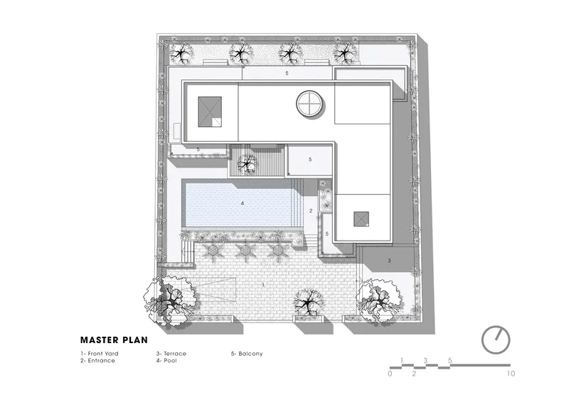 Master site plan drawing showing the building footprint with pool and surrounding landscape zones
