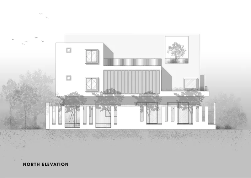 North elevation drawing showing stacked volumes with planted balconies and vertical slat screens in misty surroundings