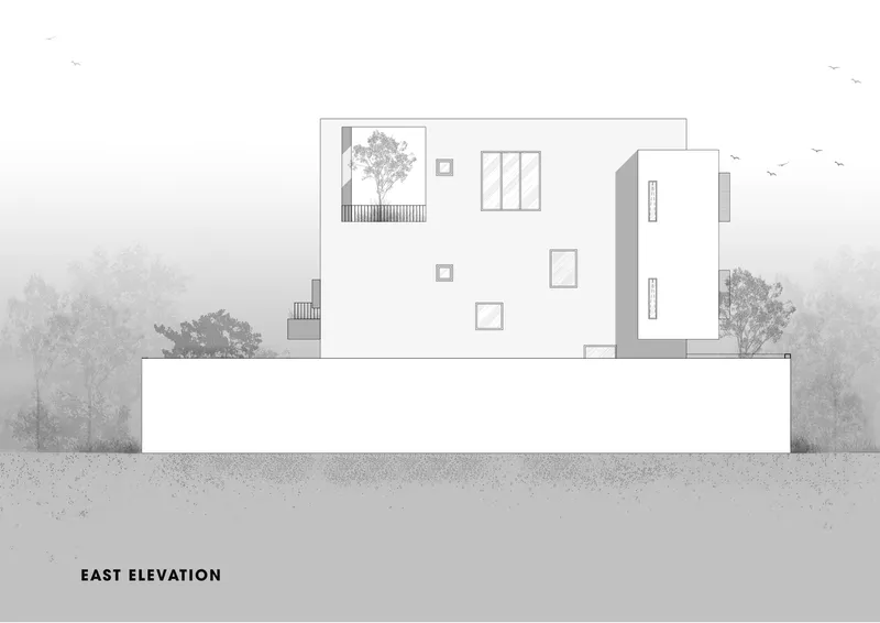 East elevation drawing showing white staggered volumes with scattered windows and rooftop terraces with trees