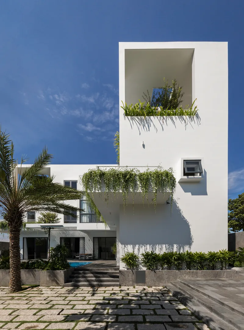 Rear garden elevation showing stepped terraces with trailing plants and paved courtyard below
