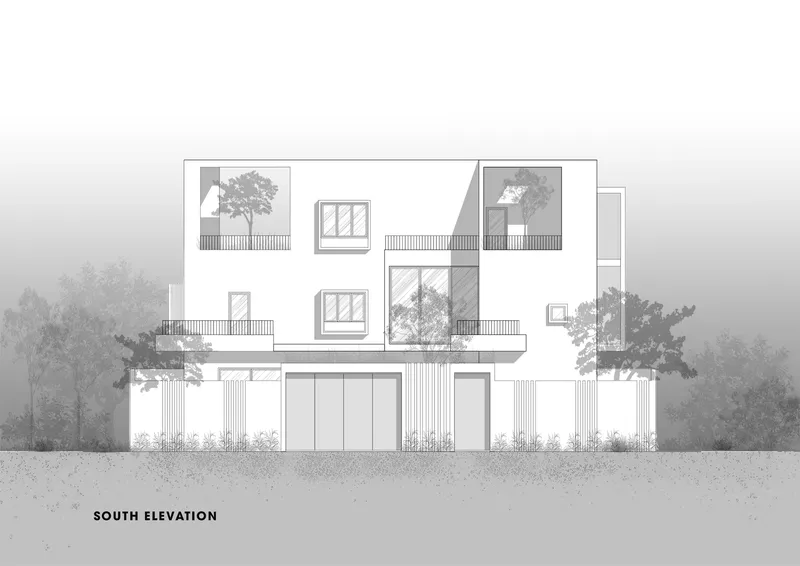 South elevation drawing showing cantilevered boxes with planted terraces and vertical column elements at ground level