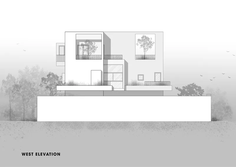 West elevation drawing showing offset white volumes with planted balconies and a horizontal podium base
