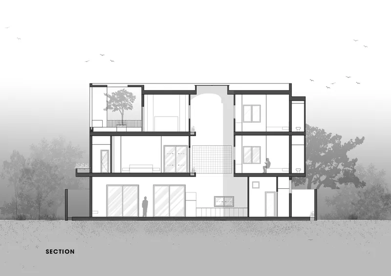 Section drawing revealing interior room arrangements across three levels with rooftop planters and a single figure
