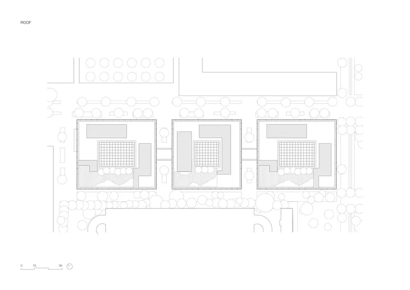 Roof plan drawing showing gridded courtyard areas within the three volumes bordered by circular tree symbols