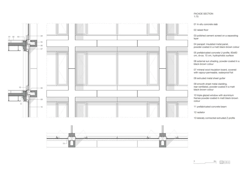 Facade section drawing showing layered wall assembly with insulated metal panels and triple glazed windows