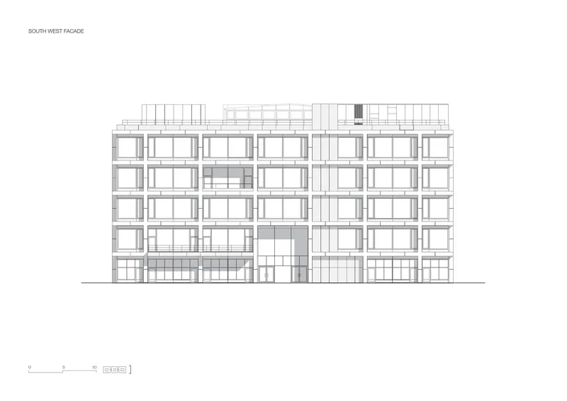 Elevation drawing of a multi-storey facade with gridded fenestration and central recessed entrance bay