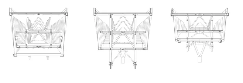Transverse section drawings showing three variations of the triangulated truss system and roof assembly