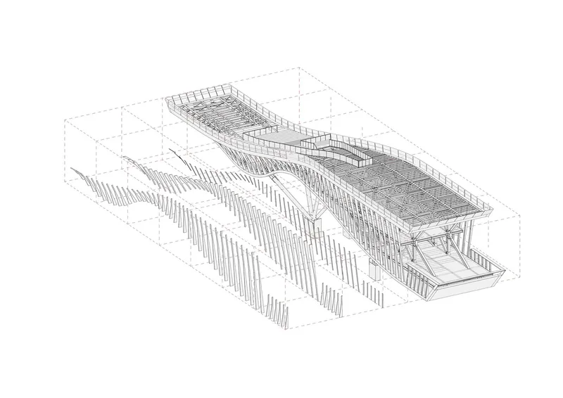 Axonometric drawing of the undulating roof structure with exposed framing and supporting vertical elements below