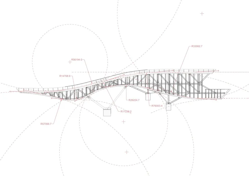 Elevation drawing with dimension annotations showing the curved profile of the roof truss supported on columns