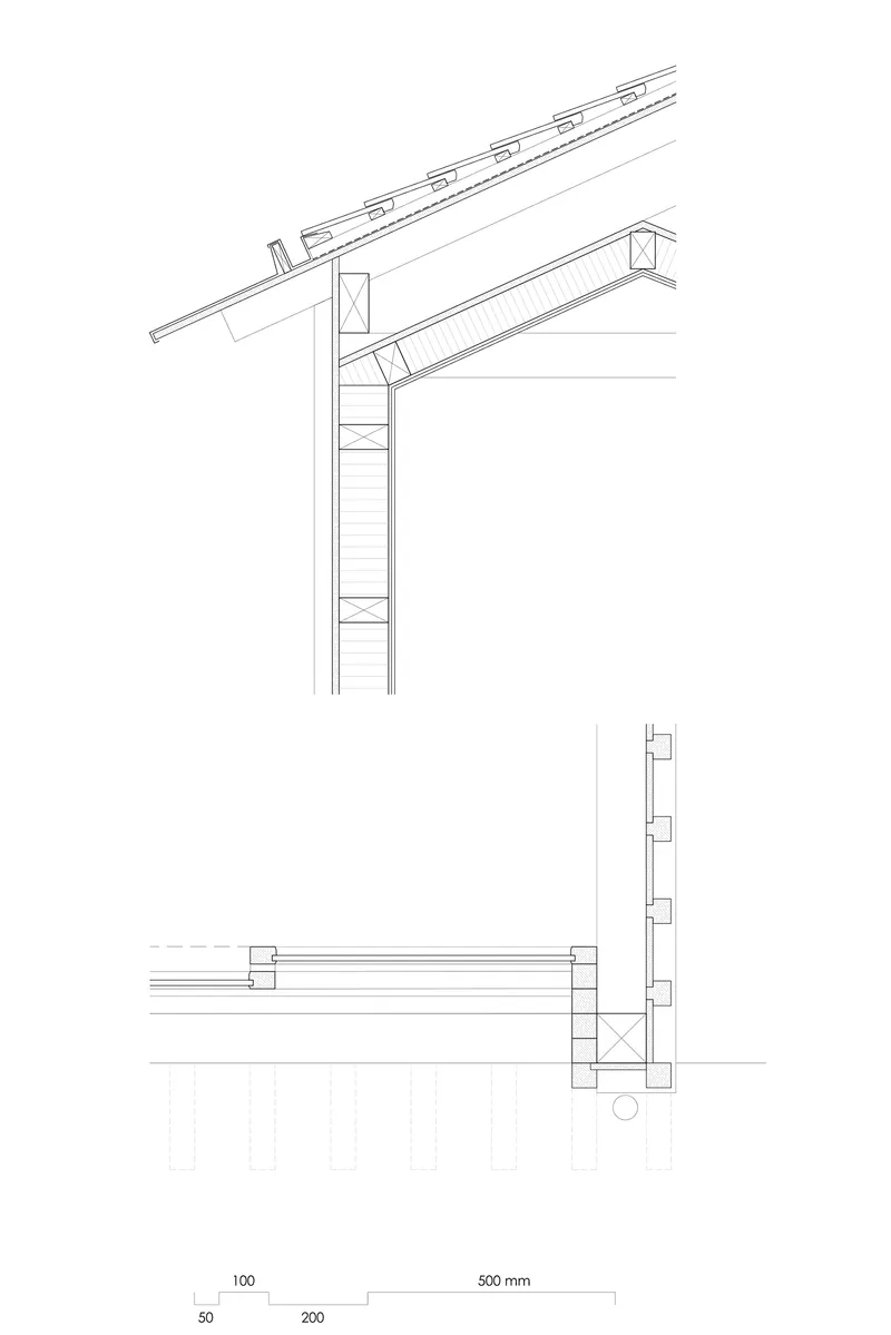 Construction detail drawings showing the roof eave connection and wall assembly with scale dimensions