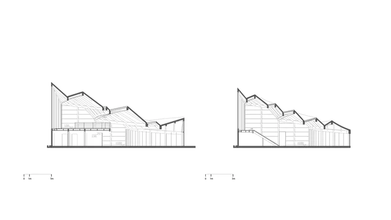 Section drawings showing the zigzag roofline and interior spatial volumes at two different cuts