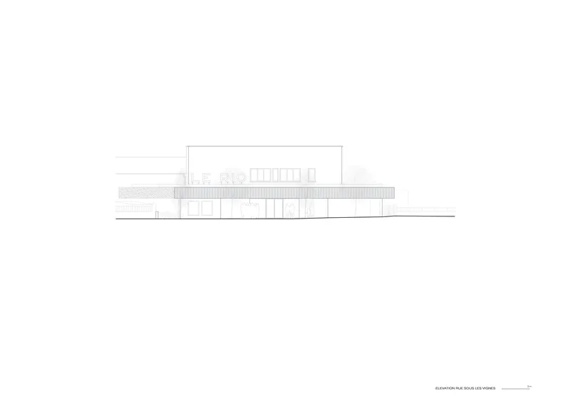 Elevation drawing showing a horizontal two-story volume with vertical window openings and horizontal banding