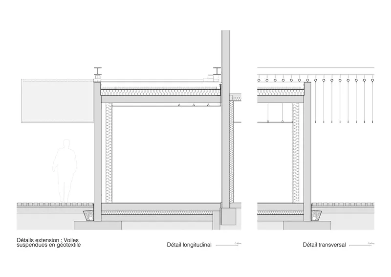 Construction detail drawings showing suspended geotextile canopy with columns and connections in longitudinal and transversal sections