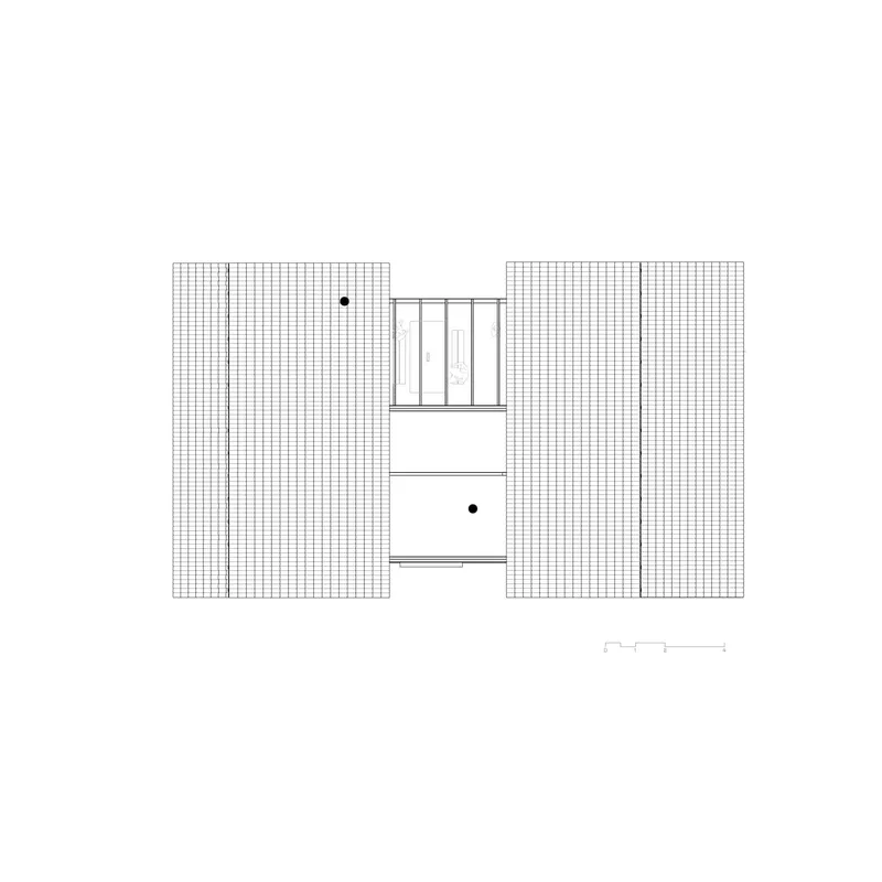 Roof plan drawing showing two rectangular volumes connected by a central glazed link