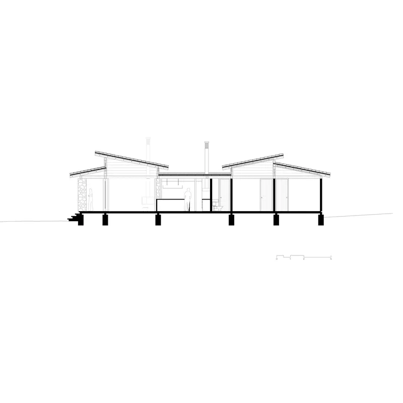 Transverse section drawing showing the split gable roof structure elevated on pier foundations