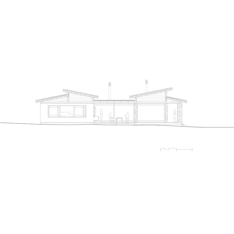 Elevation drawing of gabled roof forms with glazed openings and human figures in courtyard