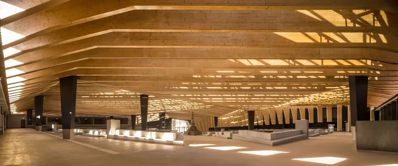 Interior hall with curving laminated timber beams and steel columns casting shadows on the polished floor