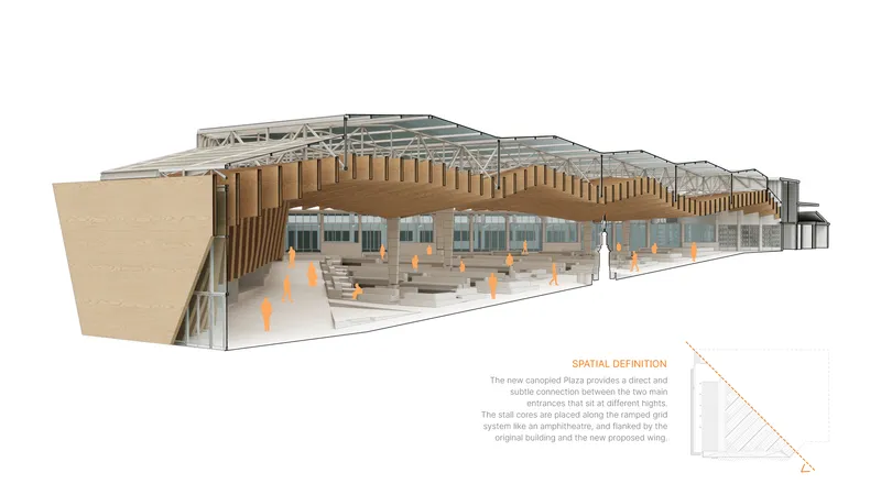 Axonometric cutaway showing the timber-clad interior volume with stepped seating and occupants in orange