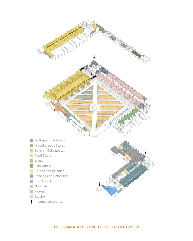 Exploded axonometric diagram illustrating the programmatic distribution across multiple floor levels with color-coded zones
