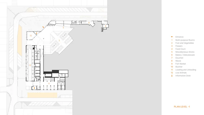 Floor plan drawing at level minus one showing room layouts and circulation patterns