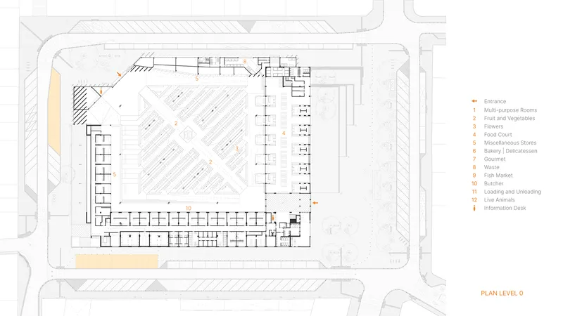 Ground floor plan drawing showing the main market hall with diagonal circulation axes