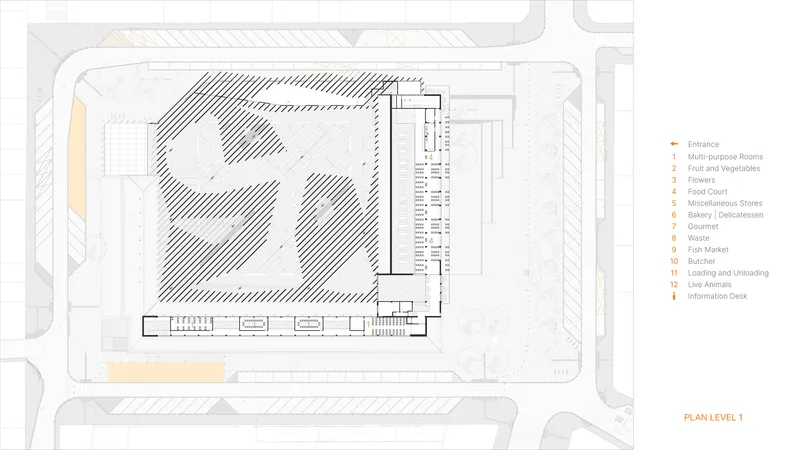 First level floor plan showing hatched courtyards and a linear bar of programmed rooms