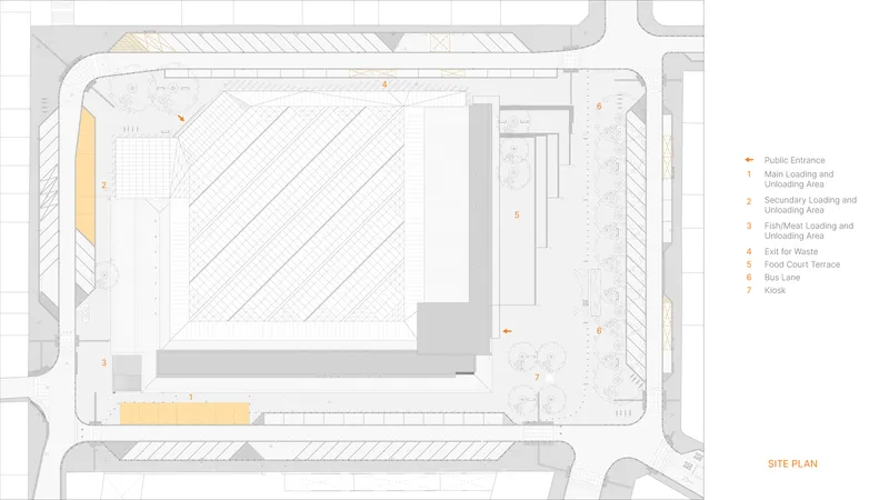 Site plan drawing showing the building footprint within its urban block and adjacent landscape