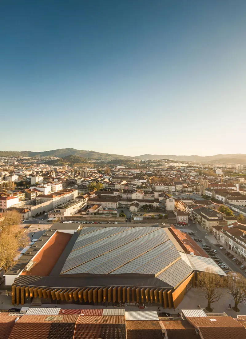 Aerial view of the faceted metal roof with terracotta perimeter colonnade in afternoon light