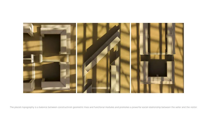 Architectural model photographed from above showing geometric timber volumes casting dappled sunlight shadows